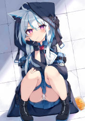Rule 34 | 1girl, absurdres, animal ear fluff, animal ears, black footwear, black gloves, black jacket, blue hair, blue skirt, blush, boots, candy, closed mouth, collared shirt, commentary request, fingerless gloves, food, food on face, gloves, hair between eyes, highres, hood, hood up, hooded jacket, jacket, lollipop, long sleeves, looking at viewer, multicolored hair, necktie, nibiiro shizuka, open clothes, open jacket, original, panties, pleated skirt, purple eyes, red necktie, shirt, silver hair, skirt, solo, squatting, streaked hair, underwear, v-shaped eyebrows, white panties, white shirt