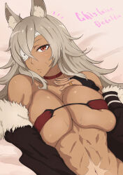 Rule 34 | 1girl, abs, ahoge, animal ear fluff, animal ears, bandeau, bare shoulders, bed sheet, breasts, bridal gauntlets, cat ears, character name, choker, cleavage, closed mouth, collarbone, commentary request, dark-skinned female, dark skin, eyepatch, facial scar, fur-trimmed jacket, fur trim, ghislaine dedoldia, grey hair, hair between eyes, hand on own chest, jacket, large breasts, long hair, looking at viewer, lying, mushoku tensei, navel, notice lines, off shoulder, on back, open clothes, open jacket, partial commentary, red bandeau, red choker, red eyes, rsk (fggg2888), scar, scar on cheek, scar on face, scar on stomach, sidelocks, solo, stomach, sweat, underboob, upper body