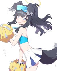 Rule 34 | 1girl, @ @, animal ears, billbung, black hair, blue archive, blue eyes, blue skirt, blush, character name, cheerleader, eyewear on head, facial tattoo, halo, hibiki (blue archive), hibiki (cheer squad) (blue archive), holding, holding pom poms, looking at viewer, medium hair, midriff, millennium cheerleader outfit (blue archive), official alternate costume, open mouth, pom pom (cheerleading), pom poms, simple background, skirt, star tattoo, sunglasses, tail, tattoo, thighs, two-tone skirt, white background, white skirt