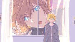Rule 34 | 2boys, black coat, black hoodie, blue eyes, closed mouth, coat, curtains, drawstring, full-length zipper, giant, gongju s2, highres, hood, hooded coat, hoodie, kingdom hearts, multiple boys, open mouth, painting (object), roxas, short hair, size difference, sora (kingdom hearts), spiked hair, twilight, window, zipper, zipper pull tab