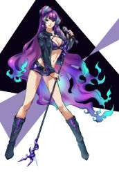Rule 34 | 10s, 1girl, bad id, bad pixiv id, black footwear, black jacket, blue hair, boots, bra, breasts, cleavage, contrapposto, earrings, floating hair, full body, gradient hair, halterneck, highres, holding, holding microphone, jacket, jewelry, knee boots, long hair, long sleeves, looking to the side, macross, macross delta, medium breasts, microphone, microphone stand, midriff, mikumo guynemer, multicolored hair, nail polish, navel, open clothes, open jacket, purple bra, purple hair, purple shorts, red eyes, shimatani azu, short shorts, shorts, solo, standing, stomach, streaked hair, underwear, very long hair, white background