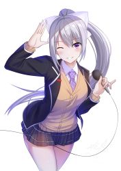 Rule 34 | 1girl, ;), commentary request, grin, hair between eyes, hair ribbon, hand up, highres, higuchi kaede, holding, holding microphone, long hair, looking at viewer, microphone, mole, mole under eye, necktie, nijisanji, one eye closed, plaid necktie, ponytail, purple eyes, purple necktie, ribbon, silver hair, simple background, skirt, smile, solo, swept bangs, virtual youtuber, white background, xkc