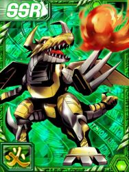 Rule 34 | android, arm cannon, armor, card (medium), claws, digimon, digimon collectors, fire, fireball, full armor, horns, looking to the side, lowres, machine, mecha, mechanical arms, no humans, official art, red eyes, robot, sharp teeth, tail, teeth, weapon, zekegreymon