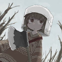 Rule 34 | 1girl, axe, bare tree, brown eyes, brown hair, brown sweater, closed mouth, dutch angle, expressionless, frown, fur hat, half-closed eyes, hat, hatchet (axe), headwear request, highres, holding, holding axe, long sleeves, looking to the side, original, outdoors, overcast, patterned clothing, sanpaku, shoulder strap, sky, solo, sweater, torosakana, tree, upper body, white hat