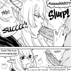 Rule 34 | 1boy, 1girl, absurdres, arknights, bb (baalbuddy), doctor (arknights), english text, fellatio, greyscale, hetero, highres, horns, monochrome, oral, panels, penis, pointy ears, shining (arknights), simple background, speech bubble, white background