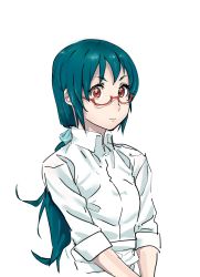 Rule 34 | 1girl, blue hair, closed mouth, collared shirt, copyright request, highres, long hair, looking at viewer, low ponytail, mikazukisou, ponytail, red eyes, semi-rimless eyewear, shirt, simple background, solo, under-rim eyewear, white background, white shirt, wing collar