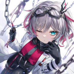 Rule 34 | 1girl, 2others, akami770, black gloves, black leggings, blue eyes, breasts, chain, closed mouth, coat, collared coat, cowboy shot, curly hair, expressionless, eyewear on head, gas mask, glasses, gloves, goggles, grey hair, hair between eyes, hand up, hanging breasts, highres, holding, holding syringe, lab coat, large breasts, leaning forward, leggings, long sleeves, mask, mask around neck, multicolored hair, multiple others, necktie, one eye closed, pants, red hair, red shirt, scientist, sephie (shadowverse), shadowverse, shirt, short hair, simple background, skeleton, solo focus, symbol-shaped pupils, syringe, thigh strap, unworn mask, white coat, wide sleeves