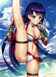 Rule 34 | 1girl, beach, bikini, blue hair, blue sky, blunt bangs, breasts, choker, cleavage, cloud, cowboy shot, day, fate/grand order, fate (series), frilled bikini, frills, gauntlets, gloves, high kick, highres, kicking, kneepits, looking at viewer, lu&quot;, martha (fate), martha (swimsuit ruler) (fate), martha (swimsuit ruler) (third ascension) (fate), medium breasts, outdoors, red gloves, sky, smile, solo, standing, standing on one leg, straight hair, swimsuit, white bikini, white choker