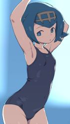 Rule 34 | 1girl, armpits, arms up, blue eyes, blue hair, blue one-piece swimsuit, commentary request, covered navel, creatures (company), game freak, hairband, lana (pokemon), nintendo, om (nk2007), one-piece swimsuit, pokemon, pokemon sm, short hair, solo, swimsuit