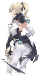 Rule 34 | 1girl, ass, back, blonde hair, blue capelet, blue eyes, blush, breasts, capelet, coattails, cross, cross earrings, earrings, gauntlets, genshin impact, gloves, highres, jean (genshin impact), jewelry, large breasts, long hair, looking at viewer, looking back, multicolored capelet, pants, parfaitlate, ponytail, simple background, sword, thighs, tight clothes, tight pants, weapon, white background, white pants
