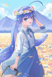 Rule 34 | 1girl, :3, ahoge, blue eyes, blue hair, blue ribbon, blue skirt, blue sky, blurry, blurry background, bow, cloud, collared shirt, commentary request, day, dress shirt, falling petals, fang, feet out of frame, field, floating hair, flower, flower field, from side, hair bow, hand to head, hand up, head wreath, highres, holding, holding suitcase, long hair, looking at viewer, looking to the side, low twintails, mountainous horizon, neck ribbon, open mouth, otomachi una, outdoors, petals, ribbon, shirt, skirt, sky, sleeves past elbows, smile, solo, standing, suiso sn3, suitcase, suspender skirt, suspenders, twintails, very long hair, vocaloid, white shirt