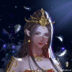 Rule 34 | 1girl, absurdres, armor, armored dress, black hair, cai lin (doupo cangqiong), dark background, doupo cangqiong, feathers, hair ornament, highres, long hair, pointy ears, portrait, scales, solo, upper body, veil, ye xiao hua