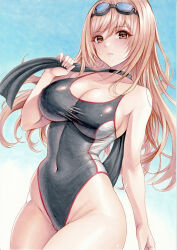 Rule 34 | 1girl, black one-piece swimsuit, blush, breasts, cameltoe, covered navel, goddess of victory: nikke, goggles, goggles on head, groin, holding, large breasts, light brown hair, looking at viewer, one-piece swimsuit, orange eyes, outdoors, rapi (classic vacation) (nikke), rapi (nikke), solo, swimsuit, thighs, towel, two-tone swimsuit, white one-piece swimsuit, wide hips, yosaku vs hina