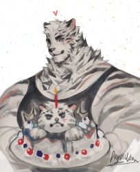 Rule 34 | 1boy, absurdres, animal ears, arknights, bara, black tank top, blush, candle, character cake, dryskeleton (drawing jimmy), facial hair, furry, furry male, goatee, heart, highres, incoming food, large pectorals, looking at viewer, male focus, merchandise, mountain (arknights), muscular, muscular male, pectorals, scar, scar across eye, scar on arm, short hair, smile, solo, tank top, thick eyebrows, tiger boy, tiger ears, upper body, white hair