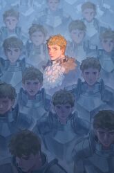Rule 34 | 1boy, armor, blonde hair, blue background, chinese commentary, clone, closed mouth, commentary request, dungeon meshi, highres, laios touden, le 0062, looking at viewer, looking back, male focus, odd one out, pauldrons, pelt, short hair, shoulder armor, too many clones, undercut, upper body, very short hair, yellow eyes
