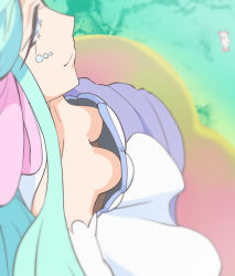 Rule 34 | 1girl, blue eyes, blue hair, breasts, cleavage, closed mouth, downblouse, extended downblouse, eyelashes, from above, haruyama kazunori, long hair, mermaid queen (precure), multicolored hair, no bra, pink hair, precure, small breasts, smile, solo, tropical-rouge! precure