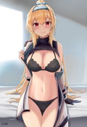 Rule 34 | 1girl, :p, blonde hair, blush, bolt action, bra, cowboy shot, gamryous, girls&#039; frontline, hair between eyes, hairband, high ponytail, highres, long hair, navel, panties, partially undressed, red eyes, sidelocks, sniper rifle, solo, sv-98, sv-98 (girls&#039; frontline), tongue, tongue out, underwear, very long hair
