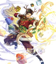 Rule 34 | 1boy, aiming, animal costume, animal ears, antlers, attack, bow (weapon), bow and arrow hold, braid, brown hair, cape, claude von riegan, claude von riegan(yuletide schemer), dark-skinned male, dark skin, deer ears, earrings, fire emblem, fire emblem: three houses, fire emblem heroes, gift, gold cape, green cape, green eyes, highres, holding, holding bow (weapon), holding weapon, horns, jewelry, multicolored cape, multicolored clothes, nijihayashi, nintendo, non-web source, official alternate costume, official art, one eye closed, parted lips, reindeer antlers, reindeer costume, single braid, smile, solo, weapon