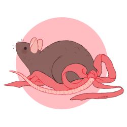 Rule 34 | animal, animal focus, artist name, circle, commentary, english commentary, from side, full body, mouse (animal), no humans, original, pink background, pink ribbon, ribbon, rii abrego, signature, simple background, solo, tail, tail ornament, tail ribbon, two-tone background, white background