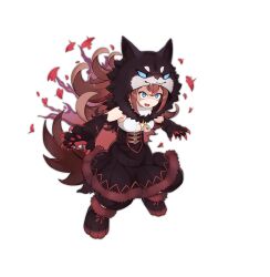 Rule 34 | 1girl, animal hands, animal hood, ark order, black coat, black footwear, black skirt, blue eyes, boots, brown hair, claws, coat, dark persona, detached sleeves, fang, fire, full body, fur-trimmed boots, fur-trimmed coat, fur-trimmed skirt, fur collar, fur trim, gloves, hood, lock, long hair, long sleeves, medium hair, mtyy, official art, open mouth, paw gloves, paw shoes, shirt, short eyebrows, skirt, smile, solo, standing, tachi-e, torn clothes, transparent background, v-shaped eyebrows, werewolf (ark order), white shirt, wolf hood