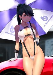 Rule 34 | 1girl, alternate breast size, arm support, black hair, blue eyes, blush, bow, breasts, car, cleavage cutout, clothing cutout, collarbone, commentary request, covered erect nipples, cowboy shot, gloves, green bow, hair bow, high ponytail, highres, holding, holding umbrella, houshou (kancolle), kantai collection, large breasts, linea alba, long hair, motor vehicle, navel, on vehicle, one-piece swimsuit, race queen, revealing clothes, shaded face, showgirl, sitting, slingshot swimsuit, smile, solo, sweat, swimsuit, thighs, umbrella, underboob, very long hair, wa (genryusui), white gloves, white one-piece swimsuit