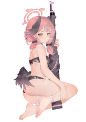 Rule 34 | 1girl, absurdres, ass, bikini, black bikini, black bow, black wings, blue archive, blush, bolt action, bow, breasts, closed mouth, commentary, feathered wings, feet, floral print, from side, frown, full body, gun, hair bow, hair ornament, halo, head wings, highres, holding, holding gun, holding own leg, holding weapon, koharu (blue archive), koharu (swimsuit) (blue archive), looking at viewer, low wings, medium hair, nail polish, official alternate costume, p14 enfield, pink eyes, pink hair, pink nails, rifle, simple background, small breasts, solo, strapless, strapless bikini, swimsuit, toenail polish, toenails, weapon, white background, wings, x hair ornament, yinglemao