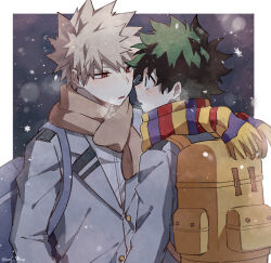 Rule 34 | 2boys, backpack, bag, bakugou katsuki, blazer, blonde hair, blue bag, blurry, blush, bokeh, boku no hero academia, border, breath, brown scarf, buttons, coi mha, cold, commentary, depth of field, double horizontal stripe, eye contact, face-to-face, freckles, fringe trim, from side, green eyes, green hair, grey jacket, hair between eyes, jacket, lapels, long sleeves, looking at another, male focus, midoriya izuku, multiple boys, notched lapels, outside border, parted lips, pixiv username, profile, red eyes, scarf, school uniform, shirt, short hair, shoulder bag, snowflakes, snowing, spiked hair, striped clothes, striped scarf, twitter username, u.a. school uniform, upper body, vertical-striped clothes, vertical-striped scarf, white border, white shirt, yaoi, yellow bag