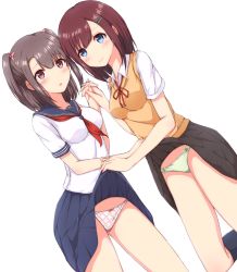 Rule 34 | :o, azusa (sukumizuya), black skirt, blouse, blue eyes, blue panties, blue skirt, blush, bow, bow panties, brown eyes, brown hair, closed mouth, clothes lift, commentary request, dress shirt, frown, green panties, hair ornament, hairclip, highres, holding hands, interlocked fingers, kneeling, lifting another&#039;s clothes, looking at viewer, medium hair, miniskirt, multicolored clothes, multicolored panties, neck ribbon, neckerchief, original, panties, parted lips, pink bow, pink panties, plaid, plaid panties, pleated skirt, polka dot, polka dot panties, red hair, red neckwear, ribbon, school uniform, serafuku, shirt, short sleeves, simple background, skirt, skirt lift, sweater vest, two side up, underwear, v-neck, wavy mouth, white background, white shirt, wing collar