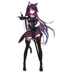 Rule 34 | 1girl, animal ear fluff, animal ears, arknights, arm tattoo, armband, artist request, asymmetrical gloves, bare shoulders, black dress, black gloves, black hair, black thighhighs, black vest, breasts, cat tail, choker, commentary request, dress, elbow gloves, fingerless gloves, full body, glaring, gloves, grey background, holding, holding sword, holding weapon, holster, long hair, melantha (arknights), non-web source, official art, pouch, red eyes, serious, simple background, small breasts, solo, source request, standing, sword, tail, tattoo, thigh holster, thigh strap, thighhighs, uneven gloves, vest, weapon