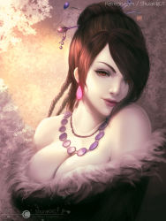 Rule 34 | 1girl, artist name, bare shoulders, black hair, breasts, brown eyes, brown hair, cleavage, commentary, dress, earrings, english commentary, final fantasy, final fantasy x, fur trim, hair ornament, hair over one eye, jewelry, large breasts, lipstick, long hair, looking at viewer, lulu (ff10), makeup, necklace, pale skin, shurakrgt, solo, strapless, swept bangs