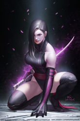Rule 34 | 1girl, aura, black hair, boots, breasts, commentary, elbow gloves, english commentary, full body, gloves, hair over one eye, highres, in-hyuk lee, large breasts, leotard, lips, long hair, marvel, nose, on one knee, psylocke, purple eyes, sash, signature, sleeveless, solo, sword, thigh boots, thighhighs, thighs, toned, watermark, weapon, web address, x-men