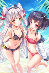 Rule 34 | 10s, 2girls, alternate costume, amatsukaze (kancolle), bikini, black hair, blush, breasts, brown eyes, cleavage, collarbone, dress, fang, food, front-tie top, hair tubes, hairband, headgear, highres, kantai collection, long hair, looking at viewer, md5 mismatch, milkshakework, multiple girls, navel, open clothes, open dress, open mouth, popsicle, sailor dress, school uniform, serafuku, short hair, short hair with long locks, silver hair, small breasts, smile, swimsuit, tokitsukaze (kancolle), twintails, two side up