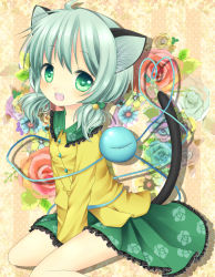 Rule 34 | 1girl, animal ears, bell, cat ears, cat girl, cat tail, fang, female focus, floral print, flower, green eyes, hair ribbon, harukaruha, heart, heart-shaped pupils, highres, kemonomimi mode, komeiji koishi, looking at viewer, open mouth, ribbon, shirt, short hair, silver hair, sitting, skirt, smile, solo, symbol-shaped pupils, tail, third eye, touhou, twintails, v arms