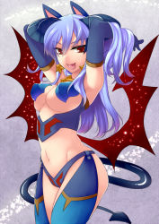 Rule 34 | 1girl, :p, adapted costume, adjusting hair, animal ears, arms up, blue gloves, blue hair, breasts, demon girl, demon tail, earrings, elbow gloves, female focus, gloves, gradient hair, horns, jewelry, low wings, midriff, multicolored hair, navel, niwacho, purple hair, red eyes, shinrabanshou, skindentation, solo, tail, tongue, tongue out, underboob, wings, yoru maou belpheria