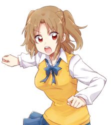Rule 34 | 00s, 1girl, 6 (yuchae), :o, breasts, brown hair, clenched hand, collared shirt, looking at viewer, melty blood, miniskirt, open mouth, red eyes, round teeth, school uniform, shirt, simple background, skirt, solo, sweater vest, teeth, tsukihime, two side up, yumizuka satsuki
