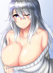 Rule 34 | 1girl, bare shoulders, blue background, blue eyes, breasts, cleavage, clothes pull, collarbone, gradient background, highres, huge breasts, long hair, one eye closed, original, rakam (artist), ribbed sweater, silver hair, smile, solo, sweater, sweater pull, upper body, white background