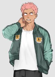 Rule 34 | 1boy, animal print, bishounen, black eyes, black pants, character request, copyright request, green jacket, hand on own neck, highres, jacket, jewelry, looking to the side, male focus, nameko hachikou, necklace, open clothes, pants, pink hair, sharp teeth, shirt, simple background, solo, sweatdrop, tan, teeth, tiger print, white background, white shirt