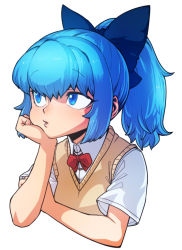 Rule 34 | 1girl, alternate costume, alternate hairstyle, blue eyes, blue hair, bow, cirno, hair bow, matching hair/eyes, ponytail, school uniform, short sleeves, simple background, solo, spacezin, sweater vest, touhou, upper body, white background
