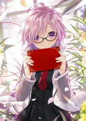 Rule 34 | 1girl, ahoge, black-framed eyewear, commentary request, fate/grand order, fate (series), flower, flower request, glasses, highres, light purple hair, looking at viewer, mash kyrielight, necktie, purple eyes, red necktie, short hair, smile, solo, string, string of fate, upper body, window, yano mitsuki (nanairo)