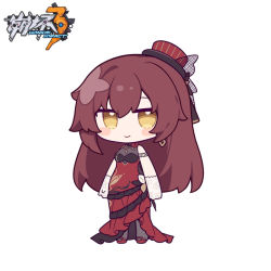 Rule 34 | 1girl, bare shoulders, blush stickers, breasts, brown hair, chibi, closed mouth, copyright name, dress, eden (honkai impact), eta, full body, gloves, hair between eyes, honkai (series), honkai impact 3rd, looking at viewer, medium breasts, pantyhose, red dress, red footwear, red headwear, shoes, simple background, sleeveless, sleeveless dress, smile, solo, standing, striped clothes, striped headwear, tilted headwear, vertical-striped clothes, vertical-striped headwear, white background, white gloves, yellow eyes