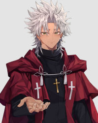 Rule 34 | 1boy, amakusa shirou (fate), blush, brown eyes, cape, closed mouth, commentary request, cross, cross necklace, cross print, dark-skinned male, dark skin, earrings, fate/apocrypha, fate/grand order, fate (series), grey background, highres, jewelry, light smile, long sleeves, looking at viewer, male focus, mutsu (621300), necklace, parted bangs, priest, red cape, short hair, simple background, smile, solo, stole, tassel, upper body, white hair, yellow eyes