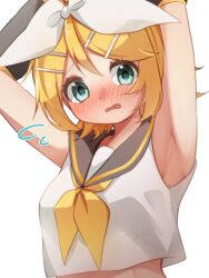 Rule 34 | 1girl, armpits, arms up, blonde hair, blue eyes, blush, bow, crop top, detached sleeves, eshe mr, fang, flying sweatdrops, hair bow, hair ornament, hairclip, highres, kagamine rin, looking at viewer, midriff, neckerchief, nose blush, open mouth, sailor collar, shirt, short hair, sleeveless, sleeveless shirt, solo, upper body, vocaloid