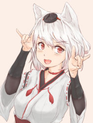 Rule 34 | 1girl, :d, alternate costume, animal ears, bad id, bad nicoseiga id, beige background, blush, breasts, choker, commentary request, detached sleeves, fang, fox shadow puppet, hair between eyes, hands up, hat, highres, inubashiri momiji, japanese clothes, kimono, kourindou tengu costume, long sleeves, medium breasts, open mouth, red choker, red eyes, red sash, risiyun, sash, short hair, silver hair, simple background, smile, solo, tokin hat, touhou, upper body, white kimono, wide sleeves, wolf ears