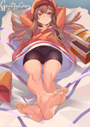 Rule 34 | 1girl, arms behind head, arms up, backpack, bad feet, bag, barefoot, bike shorts, black shorts, brown eyes, brown hair, character name, copyright name, dress, feet, foot focus, foreshortening, full body, gluteal fold, groin, guilty gear, hat, highres, legs, long hair, lying, may (guilty gear), on back, orange dress, orange hat, sakurami sumi, short dress, short shorts, shorts, smile, soles, solo, thighs, toes, treasure chest, upskirt