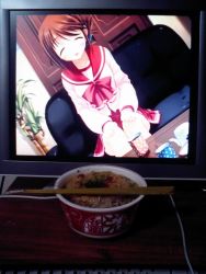 Rule 34 | 00s, 1girl, :d, ^ ^, amazuyu tatsuki, blush, bow, breasts, brown hair, cable, chopsticks, closed eyes, couch, cup, cup ramen, dark, desk, donbee (food), donbei tempura soba, door, dutch angle, folded ponytail, food, game cg, hair ornament, hands on own knees, happy, highres, indoors, instant soba, keyboard (computer), komaki manaka, lonely, long skirt, medium breasts, monitor, nissin donbei, noodles, on couch, open mouth, parted bangs, photo (medium), plant, pleated skirt, ramen, red bow, red skirt, reflection, school uniform, serafuku, shirt, short hair, sitting, skirt, smile, table, teapot, to heart (series), to heart 2, udon, white shirt