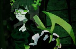 Rule 34 | 10s, black hair, black rock shooter, bridal veil, checkered background, choker, claws, curly hair, dead master, dress, glasses, green eyes, highres, horns, looking at viewer, rocketharuka, smile, solo, veil, wings