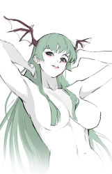 Rule 34 | 1girl, arms behind head, bare shoulders, bat wings, breasts, commentary, demon girl, english commentary, green eyes, green hair, head wings, highres, jason kim, large breasts, lips, long hair, looking at viewer, morrigan aensland, navel, nude, simple background, sketch, smile, solo, upper body, vampire (game), white background, wings