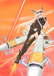 Rule 34 | 1girl, blonde hair, blue eyes, blush, goggles, goggles on head, grin, gun, hanna-justina marseille, head wings, laser, long hair, masana hatuse, military, military uniform, perspective, skirt, smile, solo, strike witches, striker unit, tail, uniform, weapon, wings, witches of africa, world witches series