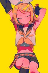 Rule 34 | 1girl, :3, arms up, ascot, bare shoulders, belt, blonde hair, blurry, blush, bow, closed eyes, depth of field, detached sleeves, flat chest, hair bow, hair ornament, hairclip, highres, kagamine rin, leg warmers, menma (enaic31), midriff, narrow waist, navel, neckerchief, puckered lips, sailor collar, sailor shirt, shirt, short hair, shorts, sitting, sleeveless, sleeveless shirt, stretching, swept bangs, treble clef, vocaloid, white bow, yellow ascot, yellow background, yellow neckerchief