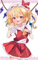 Rule 34 | 1girl, absurdres, ascot, blonde hair, blush, bow, breasts, buttons, center frills, collared shirt, cowboy shot, crystal, fang, finger to mouth, flandre scarlet, frilled shirt collar, frilled skirt, frilled sleeves, frills, hair between eyes, hat, hat bow, hat ribbon, head tilt, highres, index finger raised, iris (airisu495), looking at viewer, medium hair, multicolored wings, one side up, open mouth, pleated skirt, puffy short sleeves, puffy sleeves, red bow, red eyes, red ribbon, red skirt, red vest, ribbon, shirt, short sleeves, simple background, skin fang, skirt, skirt set, sleeve ribbon, small breasts, solo, touhou, vest, white background, white hat, white shirt, wings, wrist cuffs, yellow ascot